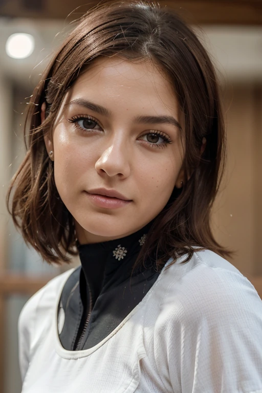 Breathtaking cinematic photo of a 30 year old girl with By the chestnut and Brown eyes, feliz, happy expression, boca cerrada, hermoso lips, detalles intrincados, Poca profundidad de campo, muy detallado, alto presupuesto, epic hollywood movie, gorgeous, obra maestra, premiado, profesional, muy detallado, textura de piel detallada, (rubor: 0.5), (piel de gallina: 0.5). (the most hermoso woman in the world) (By the chestnut) (pelo corto y rizado, Cabello salvaje, corte elegante) cara delgada, nariz fina, hermoso, very hermoso, perfecto face, esbelto body (esbelto), (By the chestnut) (Brown eyes ) (piel blanca) cuerpo hermoso, cara occidental, ojos depredadores, Labios rosados, muslos gruesos. cuerpo completo, belleza occidental, nariz fina, hermoso, perfecto, ((Mejor calidad)), ((Ultraresolution)), ((fotorrealista: 1.4)), (detalles intrincados), perfecto face, constituir: 1.5 , cara clara, Detalles faciales. vista frontal ((uniforme, tactical suit, disfraz de agente, ESPIAR))