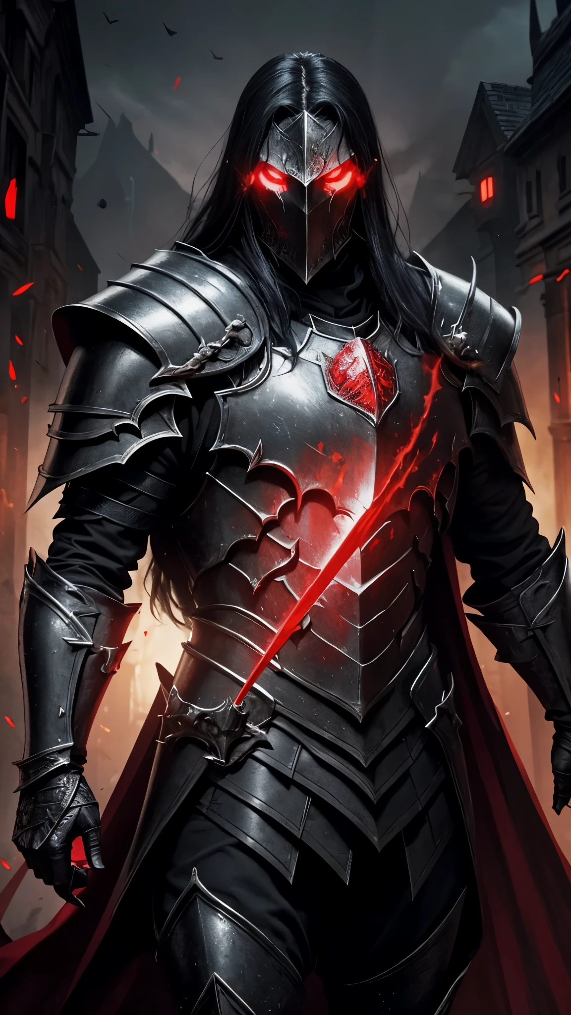  man, red glowing eyes, black hair, pale skin, black gold armor,,,vampire king,, fantasy dark souls world, fighting with, vampire Hunter,red knight armor