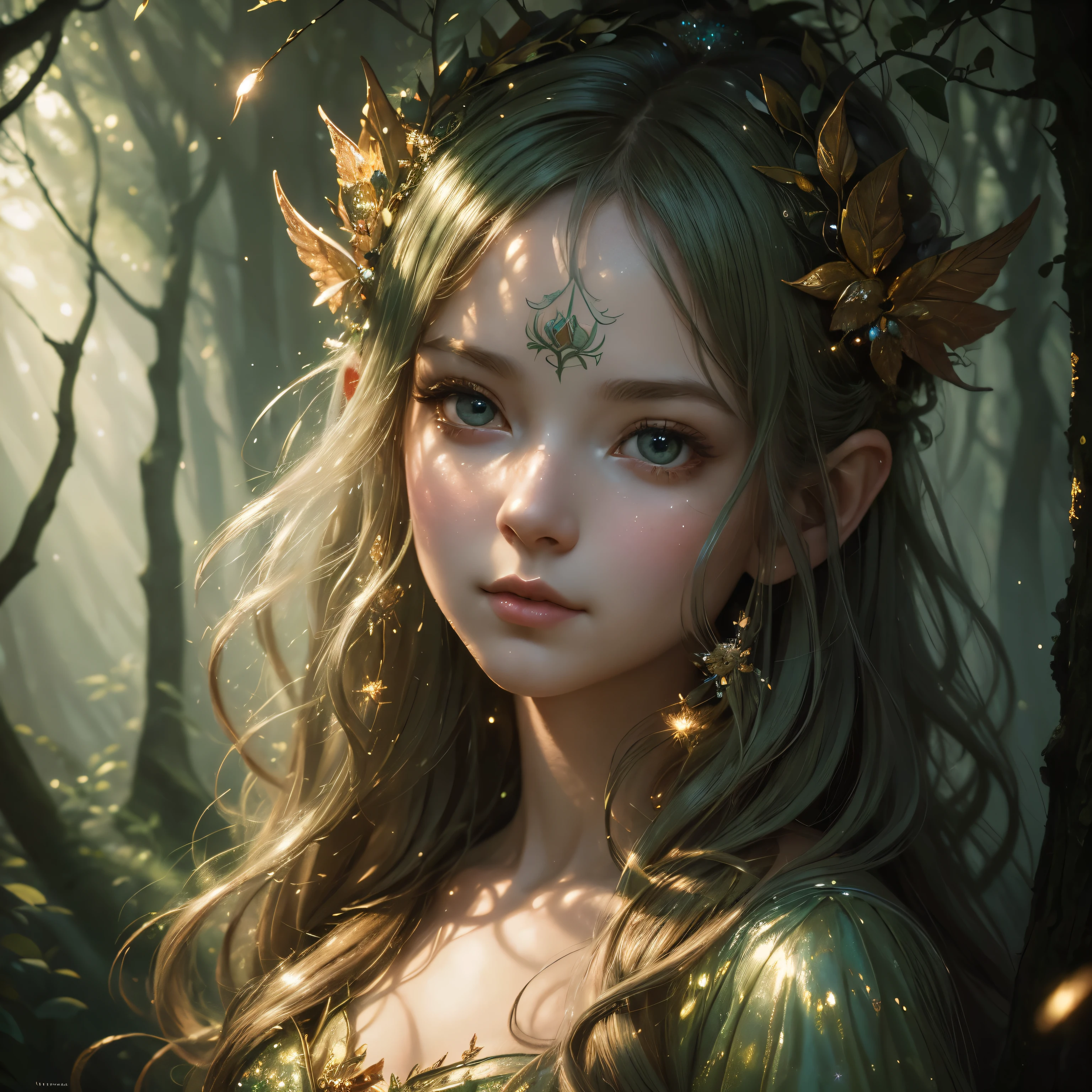 ((best quality)), ((masterpiece)), ((detailed)), portrait+ style, portrait of a (cute forest fairy), highly detailed face, (magical style:1.1), character design, 16k, absurdres, (illustration:1.2), soft cinematic lighting, (sparkles of light and glitter:1.0), high quality, greg rutkowski and loish art