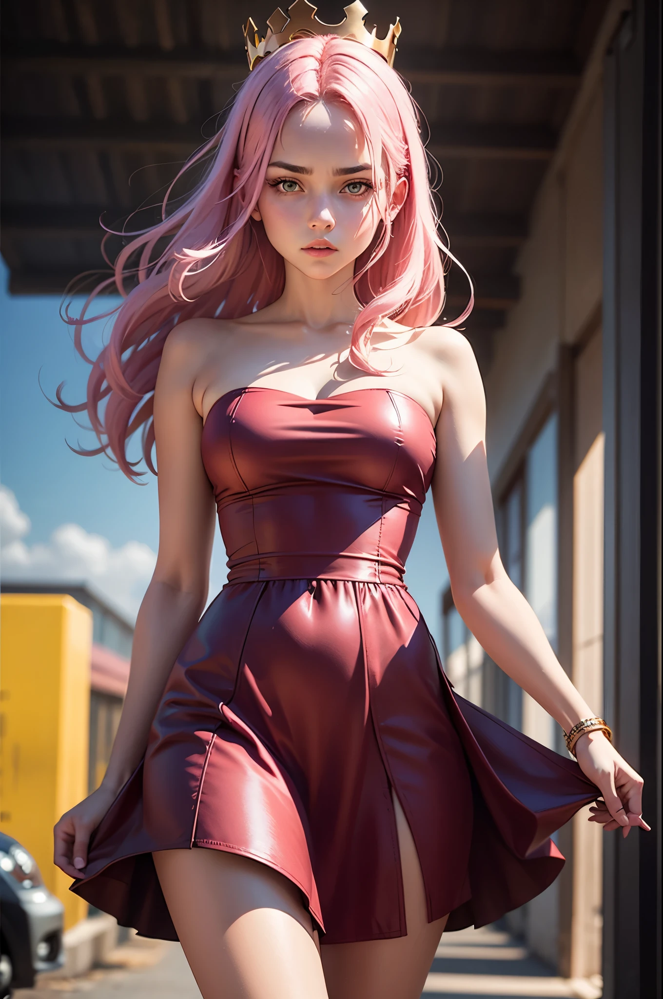 masterpice, Produce an ultra-realistic Instagram model of a beautiful woman: one woman, high heel sandals, full body, long pink hair,pink eyes, soft skin, sitting on a throne, beautiful pink dress, big breast, part of breast out, The image has a high resolution of 4K, with soft, natural lighting that enhances the model's skin tones and the brown color of their outfit, her legs uncovered, pink lips, white skin, a sexy lady, a beautiful lady, and a beautiful face. perfect face, pretty face, goddess face, the pink dress , not white dress