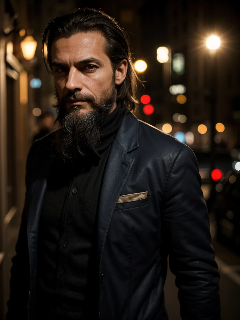 Europe and America,middle Ageeggar,tramp,Wandering the streetucket,a male,Thin,ugly,thief,beard,sinister,Bad guy,crime,front Photo,Show the waist,50 years old,Exquisite facial sculpting,young,Slim,Succinct,night,photorealistic, movie lighting, depth of field, Bokeh, edge lighting, backlight, cool color,