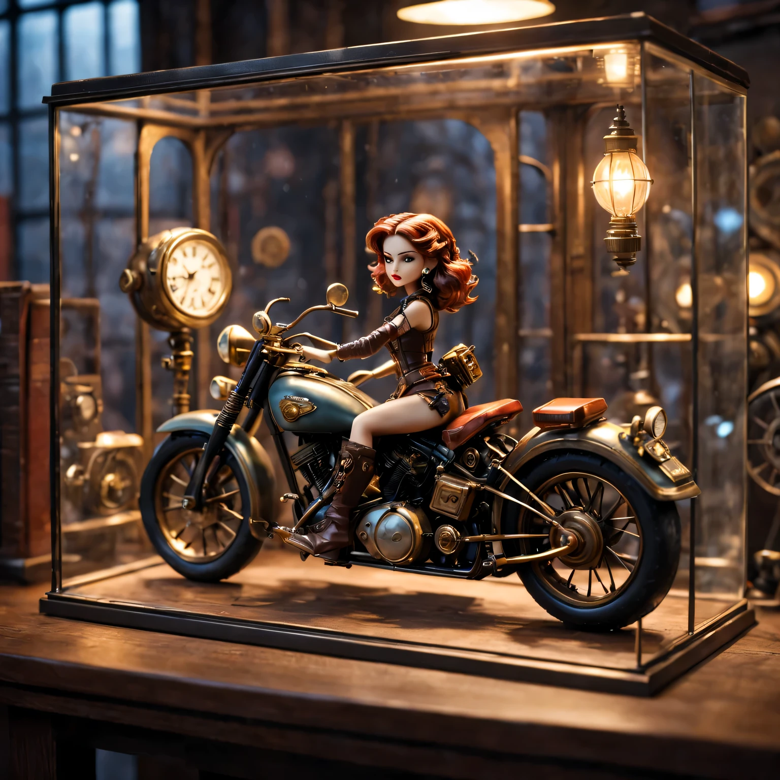  in glass display case，American retro miniature toy desktop, Steampunk style girl,toy motorcycle, movie lighting, Pixar, anime style,best quality,super detailed,
