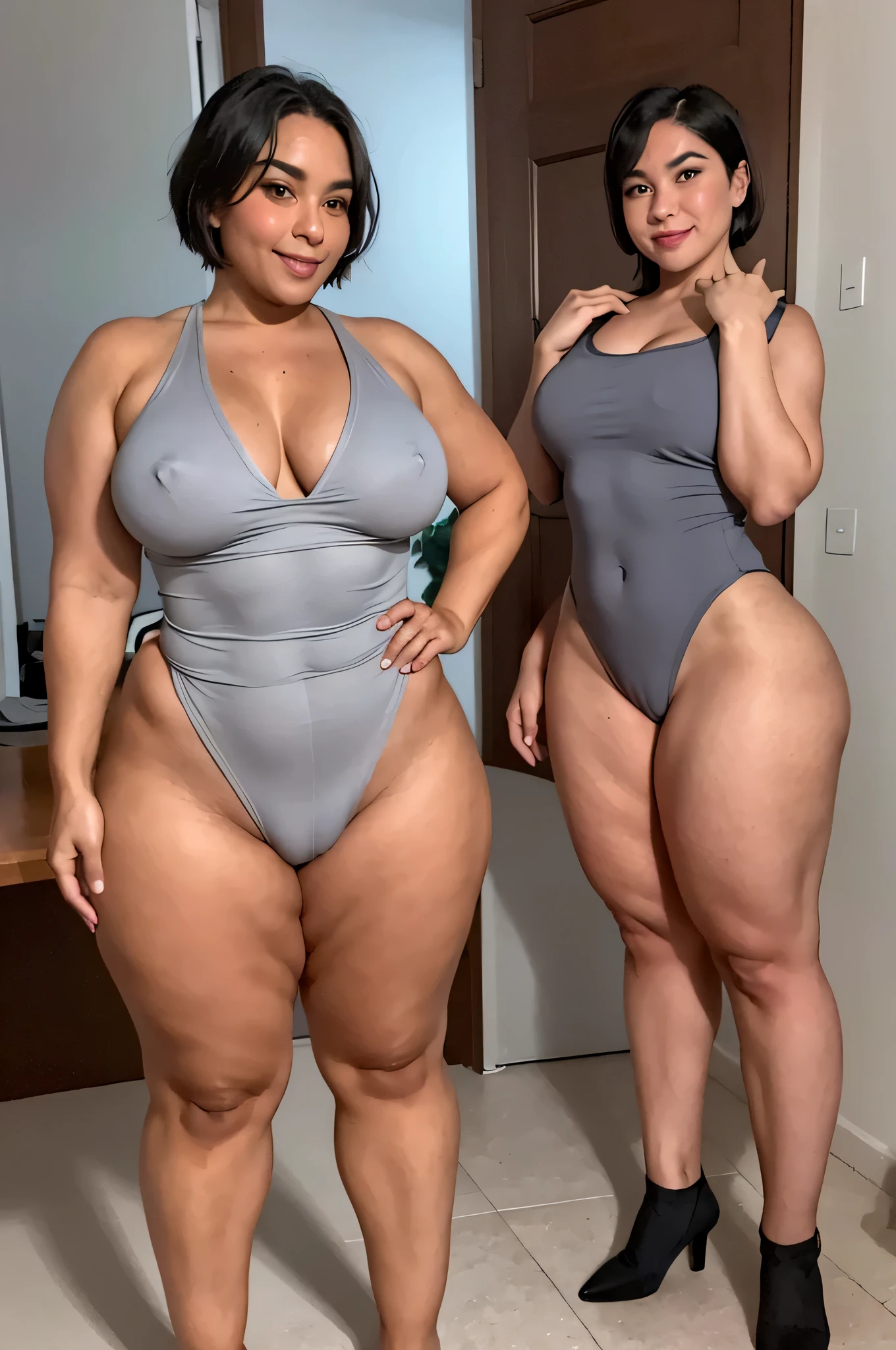 tanned 50's woman, very fit, slightly muscular, short grey hair, wearing leotard, thick thighs, full body shot, head facing right, gray short hair, facing each other