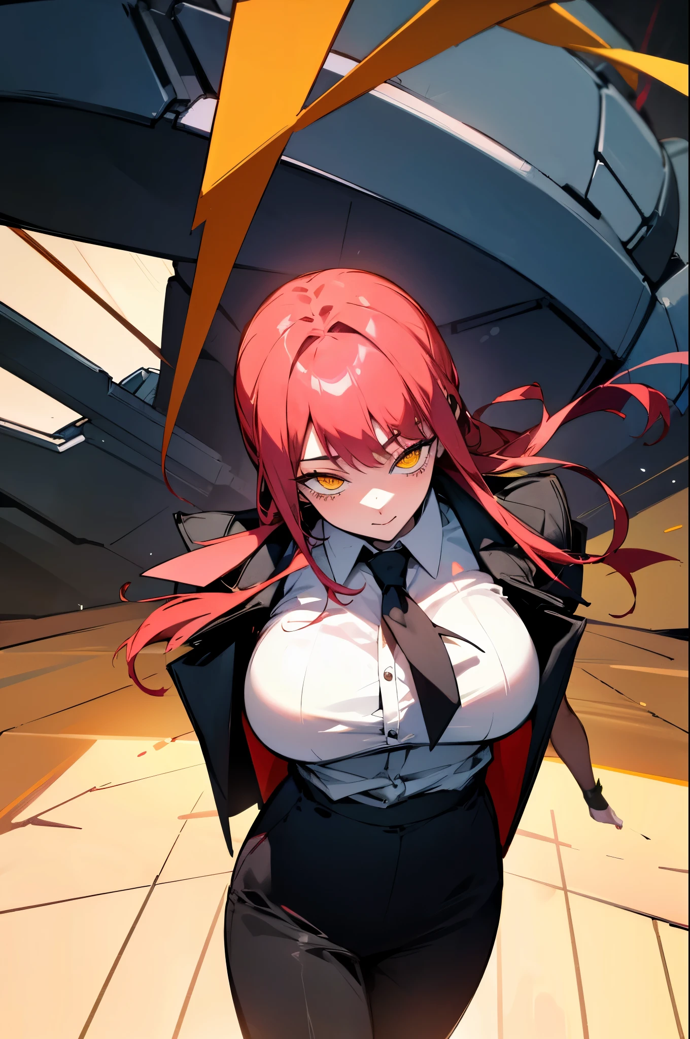 corneo_makima, 1girl, solo, ringed_eyes, suit, white shirt, black tie, indoors, office, masterpiece, (highres), absurdres, 4K, 8K, 16K, hyper-detailed, deep eyes, Makima
