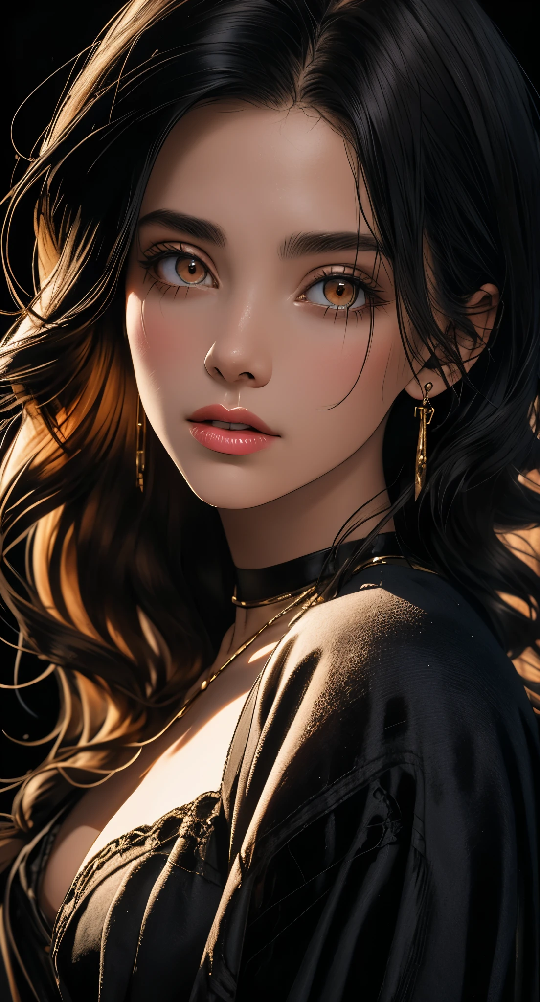 1 milf girl, dark atmosphere, highly detailed skin,, cleavage,old Japanese style village,8k quality, ultra sharp, ultra realistic detailed, dark atmosphere, dark colors, beautiful maiden dress, vibrant colors, black rose in hair 