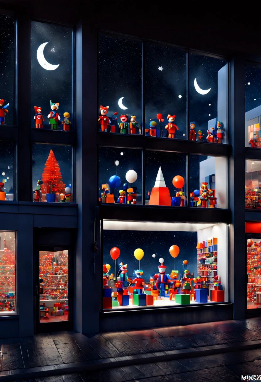 Toy Store, Window Display, night, by Malevich, octane render, enhance, intricate, (best quality, masterpiece, Representative work, official art, Professional, 8k wallpaper)