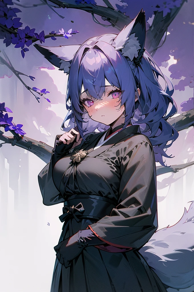 (a girl with glowing eyes,moonlit garden,harmony in darkness), ,(branches and leaves,enchanted atmosphere,subtle mist),(best quality,low light conditions,deep shadows),(dark and mysterious,gothic),(cool tones,subtle blues and purples),(magical moonlight,soft and diffused), ((masterpiece))),(((bestquality))),((ultra-detailed)),(illustration),((an extremely delicate and beautiful)), fox girl, kitsune, fluffy tail, detailed background, full fringe, tomboy appearance, samurai outfit