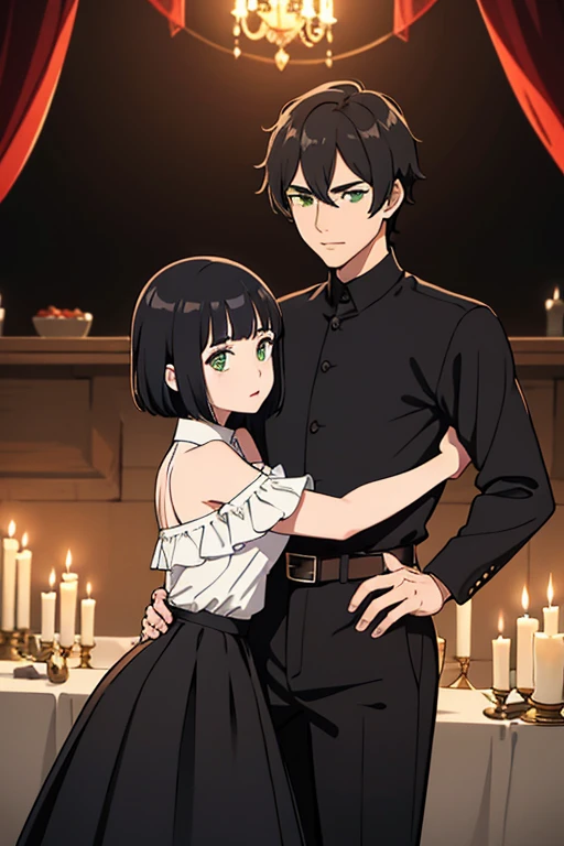 couple, carrying princess position, boy carrying the girl’s body, both black hairs, face to face, eyes contact, both longer bodies, and both green eyes. The boy with medium pointy hair in a white long collar shirt, a belt, black pants, being handsome. The girl with short black bob hair in a flamenco dress with a orange ruffle off the shoulder top, a black maxi skirt, bare shoulders. village at night. candles burning, guitars in background, being sexy, don’t look at the viewer