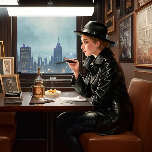(masterpiece,best quality: 1.2), Super detailed face, (pastel colors:1.2, dark studio, edge lighting, two color lights, dim, low profile, ), ((tempo de chuva forong leather raincoat,
Posters from the 1930s \(style\), Black detective movie,(Black atmosphere:1), The atmosphere gloomy,City streets at night, Emphasis on black,
New York in the 1930s, and the office detective, table with documents,
Popular topics on Artstation, CGSociety's Hot Topics, complex, high detail, dramatic, photorealistic painting art by midjourney and greg rutkowski,