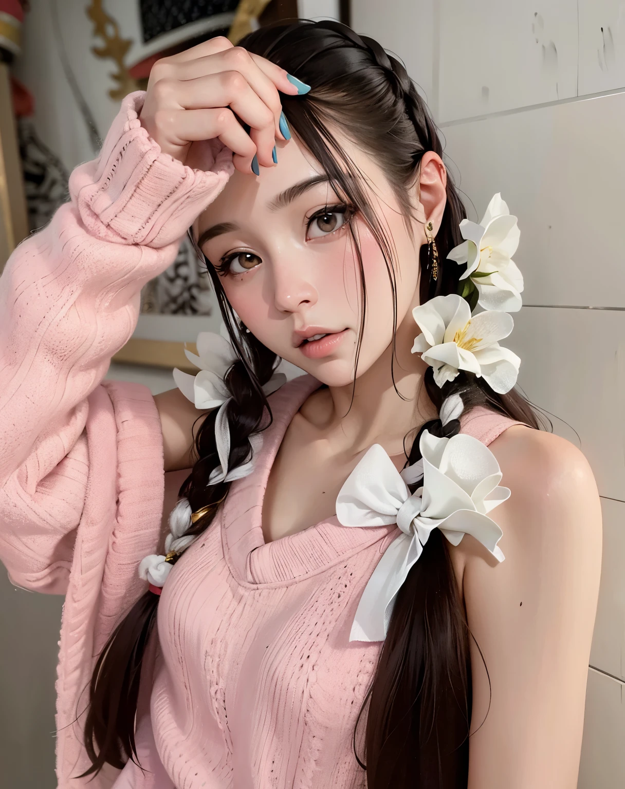 A close-up of a woman with long hair wearing a pink sweater, pelo de coletasstyle, peinado de dos colas, two pelo de coletasstyle, ulzzang, con coletas negras, bella delfina, coleta larga, pelo de coletas, con un lazo de pelo rosa, sha xi, chen xintong, peinado de corte hime blanco, asian girl with long hair, peinado kawaii