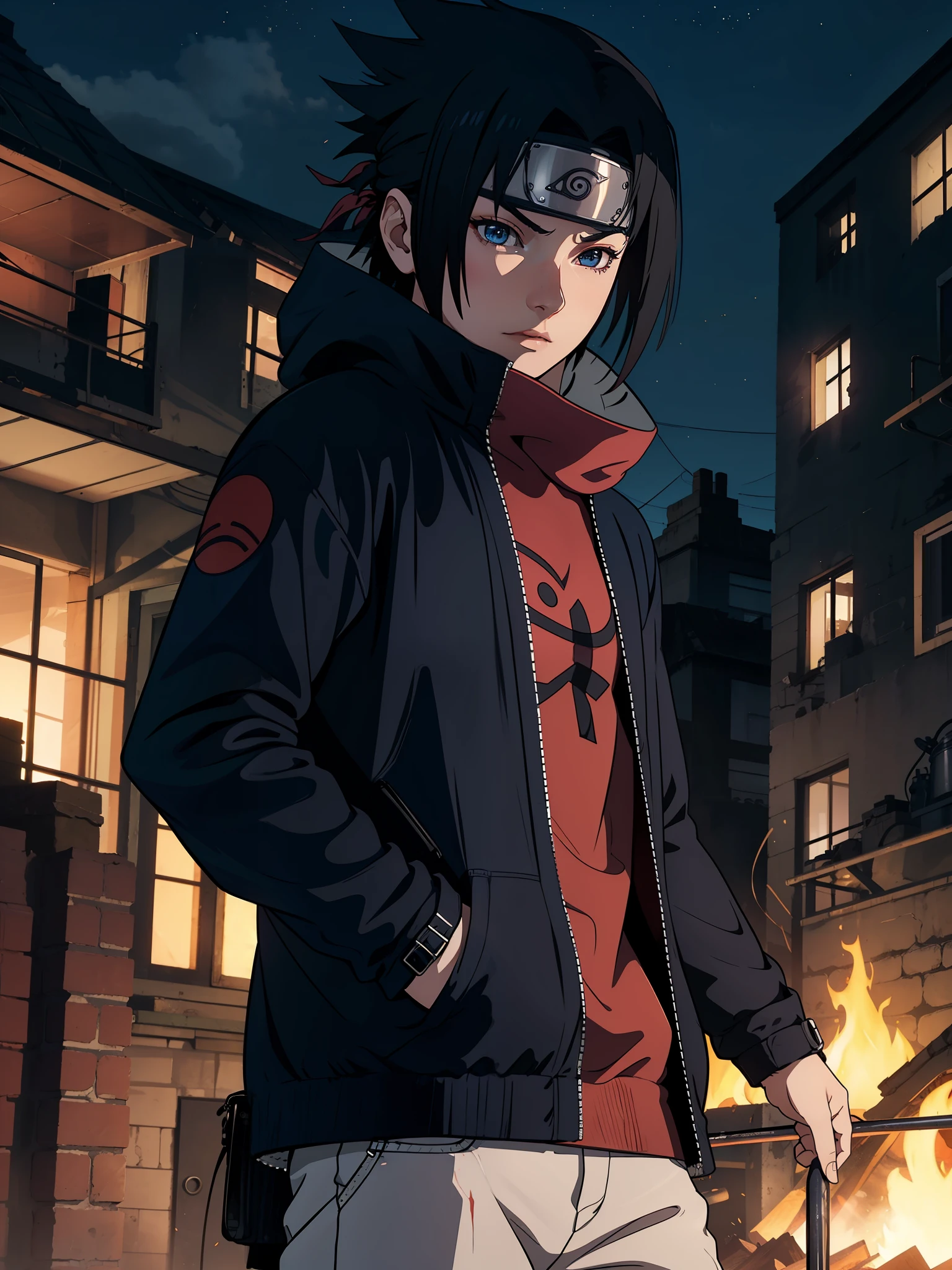 1male, Sasuke Uchiha, wearing a black coat, Uchiha mark on coat, red glowing detailed eyes, bonfire night, best quality, 3D figure, octane rendered, 24K resolution, extremely detailed 