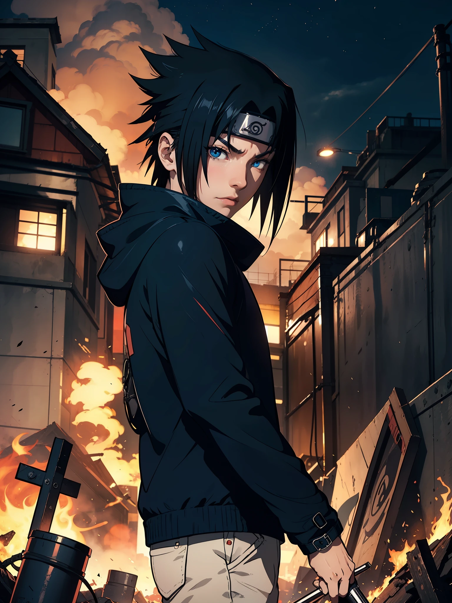 1male, Sasuke Uchiha, wearing a black coat, Uchiha mark on coat, red glowing detailed eyes, bonfire night, best quality, 3D figure, octane rendered, 24K resolution, extremely detailed 