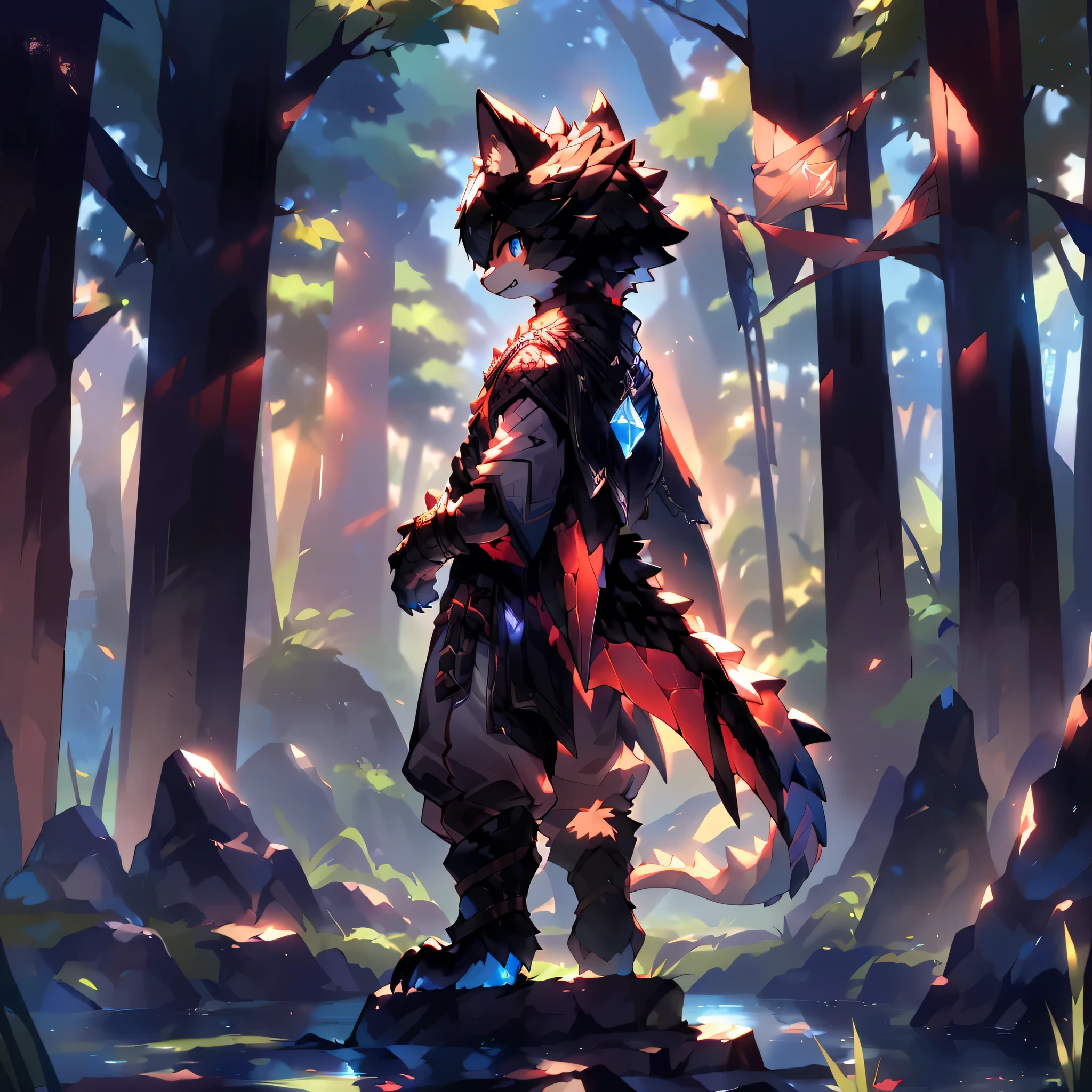 ((best quality,4K,8k,high resolution,masterpiece:1.2),Super detailed,perfect anatomy,Shota Nagakoga, flying dragon, monster hunter, assassin, standing in the shadows,(solo), alone,chiaroscuro,dark, dense woods,trees,plant,tall grass,rock,moss, block sunlight,dark environment,masterpiece, best quality, intricate details, soft lines, 16k, facial features, human face,head,Crystal Dragon Horn,Short blue-black hair,curved blade, facial details,Detailed eyes,switch edge,wing arm,digital level,sharp fangs, dragon claw, whole body scale, cheek scales)