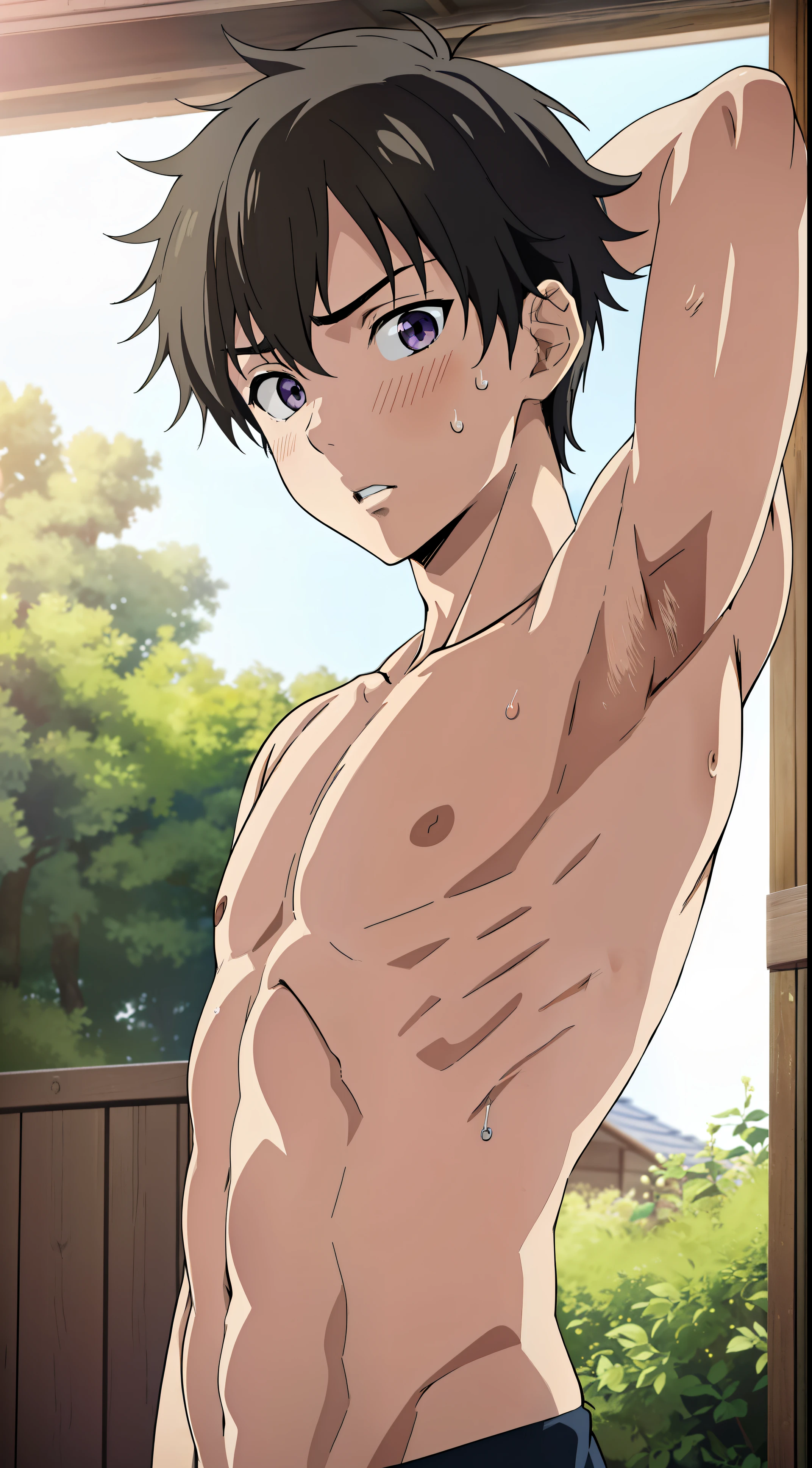 Anime style, Highres, Masterpiece, Best quality at best,Best Quality,hight quality, hight detailed, 1boy, (), (showing two armpits:1.4), sweating, shota, outdoors, shirtless, topless, bare chest, seductive face, cute boy, slim body