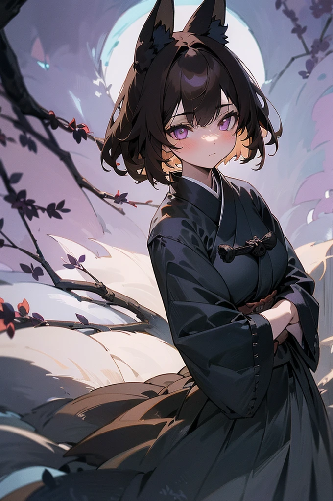 (a girl with glowing eyes,moonlit garden,harmony in darkness), ,(branches and leaves,enchanted atmosphere,subtle mist),(best quality,low light conditions,deep shadows),(dark and mysterious,gothic),(cool tones,subtle blues and purples),(magical moonlight,soft and diffused), ((masterpiece))),(((bestquality))),((ultra-detailed)),(illustration),((an extremely delicate and beautiful)), fox girl, kitsune, fluffy tail, detailed background, full fringe, tomboy appearance, samurai outfit, brown hair, midnight, dark