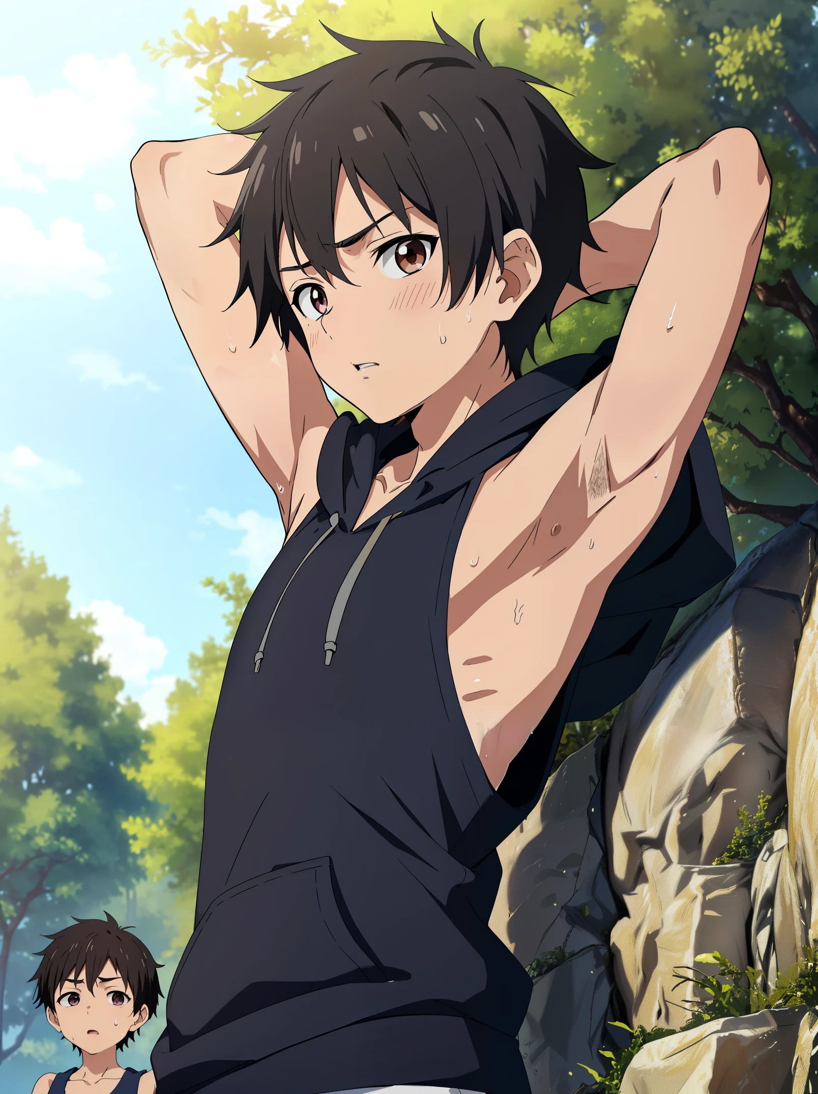 Anime style, Highres, Masterpiece, Best quality at best,Best Quality,hight quality, hight detailed, 1boy, little boys, (showing two armpits:1.4), sweating, shota, outdoors, Sleeveless hoodie, seductive face, cute boy, slim body, (very small and short stature), (very young boy), (very small and short body),
