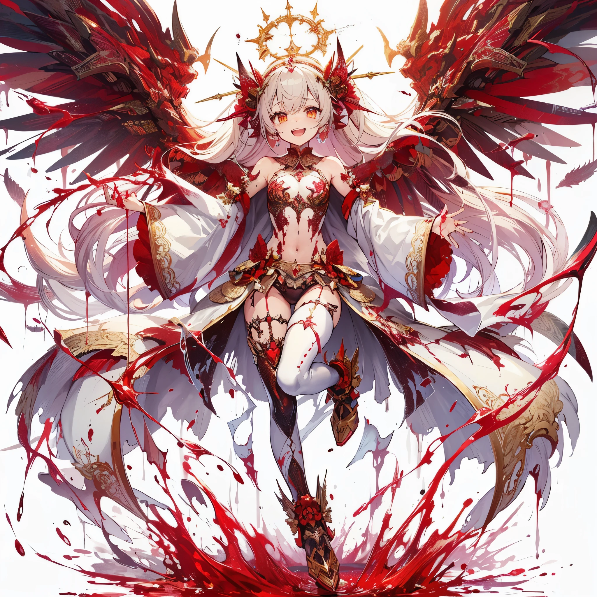 (master piece、highest quality)、(Perfect athlete body:1.2)、(detailed hair)、Super detailed、anime style、whole body、solo、devil girl、blood red power armor、sisters of war、warhammer 40k、white hair, golden eyes, and tears of blood、huge wings、chant blood magic、high heel boots、digital paint、8K high resolution、trend art station、white background、whole body、A triumphant smile