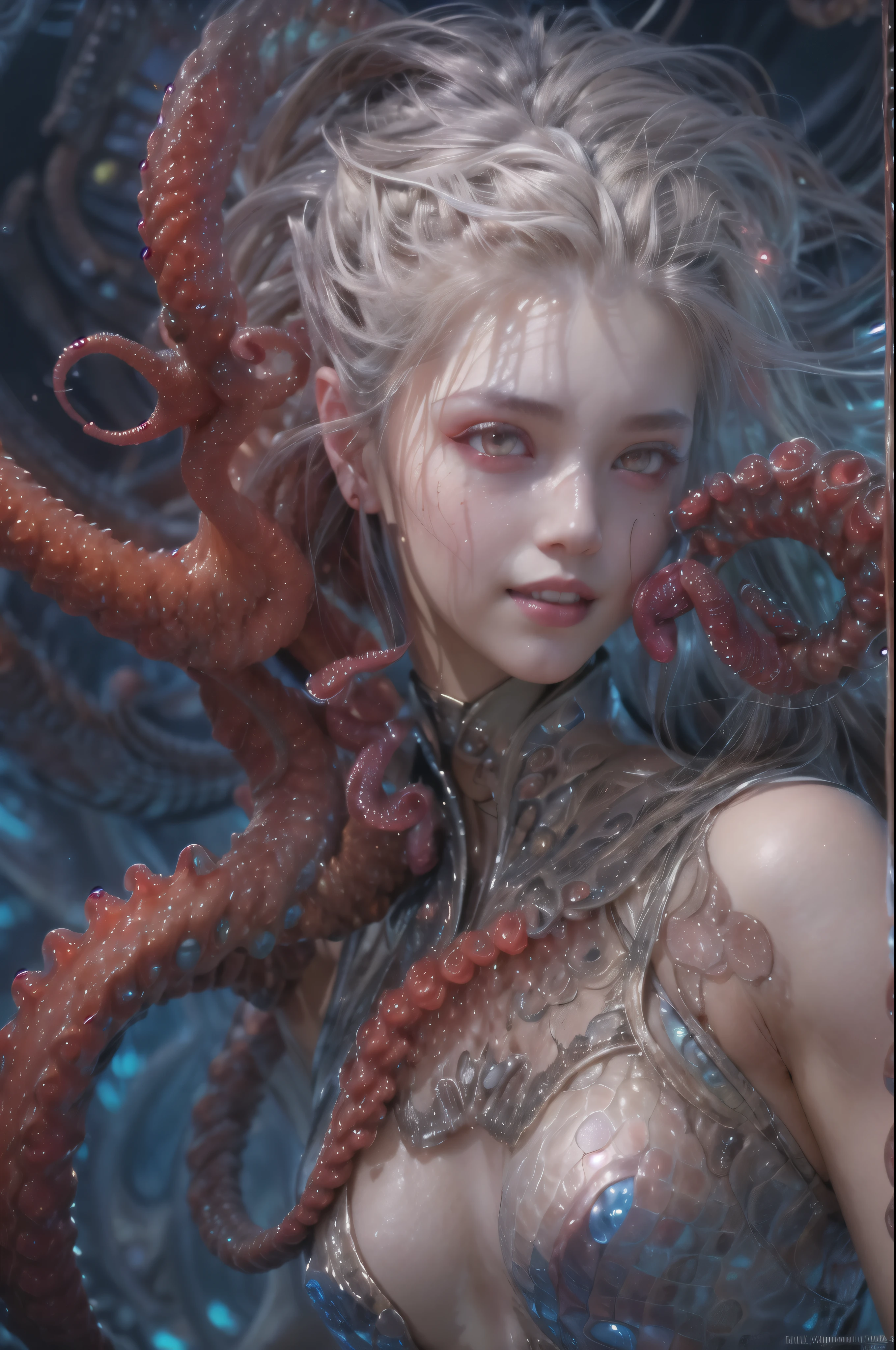Detailed art in scary and sexy colors, portrait, (Beautiful and obscene female foreigner:1.4), (vulgarity 1.5), (she has red eyes with no pupils:1.8), (transparent skin:1.7), ((There is a female genital-like organ in the middle of the forehead.:1.9)), (The most beautiful face in the history of the universe:1.2),an evil gaze that seduces, (big mouth:1.1), (sharp teeth like a vampire:1.2), full body portrait, (bioluminescence:1.5), (laugh evilly:1.3), (sexy pose:1.5), incredibly beautiful alien, (she has unparalleled beauty:1.5), there are no humans, cells are fused, (Lots of translucent tentacles:1.3) extraterrestrial, cell, bio image, best quality, 8K,In 4K_quality, High freshness, dramatic lighting, table top:1.5,cinematic quality, Detail up, (exquisite details:1.2), High resolution, High freshness, draw faithfully, (thick eyebrows:1.2), Beautiful eyes with high bilateral symmetry,(highly detailed face and eyes:1.2), intimate face, (Super detailed skin quality feeling:1.4), perfect anatomy, (Beautiful toned body:1.5), (moist skin:1.2), not wearing makeup, (Bear:1.1), long canines, drawing cinematic characters, ultra high quality model, cinematic quality, Detail up, (exquisite details:1.2), High resolution, High freshness, draw faithfully, official art, Unity 8K Wall , 8K portrait, best quality, Very High resolution, Super detailed artistic photography, midnight aura, unreal engine 5, super sharp focus, art by Amano Yoshitaka, types of bacteria, Reusch, intricate artwork, best quality, masterpiece, ultra High resolution, (realistic pictures:1.4), ultra realistic realism, dream-like, nautilus, fantasy creation, snails, Dream snails, (biopunk nautilus:1.3),thrilling color scheme, ultra realistic realism, smile seductively, blue tentacles, Skin