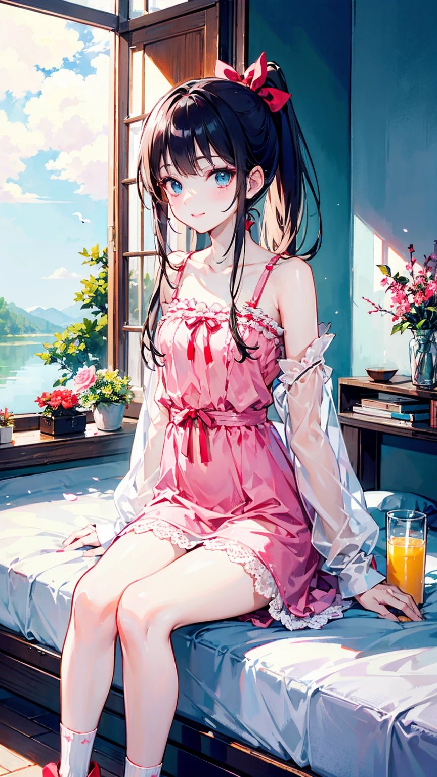 (Film portrait photography,film portrait,Beautiful two-dimensional wallpapers,Warm colors)(delicate eyes, natural skin texture, details on face)(Soft professional lighting,Private photos,35mm film, Hazy beauty)( cute loli sideways:1.6,clavicle:1.4,Wearing a tulle pajama dress,Pink lace-up underwear,Exquisite waist-to-hip ratio:1.6,White and long legs:1.lump figure:1.5,Smile,small red lips:1.4,Wearing a bow:1.4,cute white socks:1.3,French bangs:1.4,high ponytail:1.6)(In a girly pink room:1.4,Blue sky and white clouds in summer:1.5,Flowers outside the window and pond:1.3,flying birds:1.2,glass of juice:1.3,sitting on bed,The picture very neat :1.5)