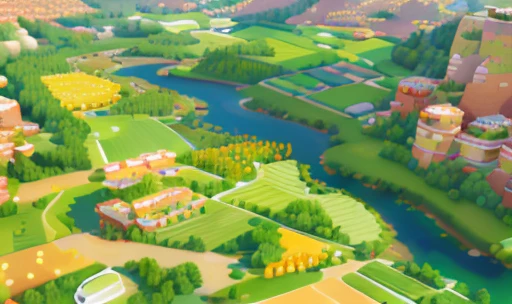 (best quality:1.2, 4k, highres, ultra-detailed, photo-realistic:1.37), cartoonish game architecture design, farm, rocks, bricks, grassy fields, river, vibrant flowers, assorted vegetables, flourishing wheat, lush trees, lively animals, casual gaming style, 3D rendering, windmill, masterpiece, super intricate details, blending machine