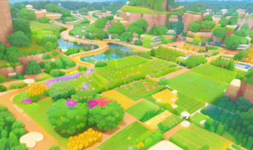 (best quality:1.2, 4k, highres, ultra-detailed, photo-realistic:1.37), cartoonish game architecture design, farm, rocks, bricks, grassy fields, river, vibrant flowers, assorted vegetables, flourishing wheat, lush trees, lively animals, casual gaming style, 3D rendering, windmill, masterpiece, super intricate details, blending machine