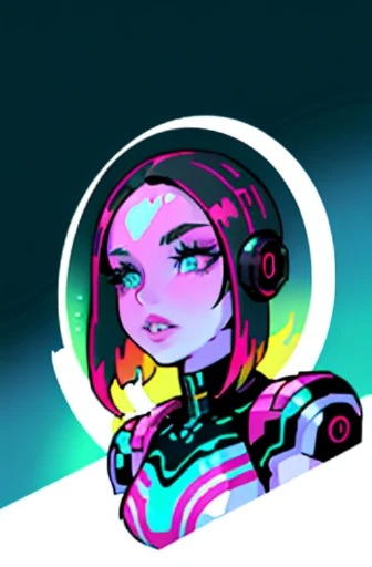 detailed eyes and lips, colorful and vibrant, futuristic background, glowing lights, art gallery, digital illustration, high resolution, vivid colors, glossy finish, cyberpunk elements, dynamic pose.