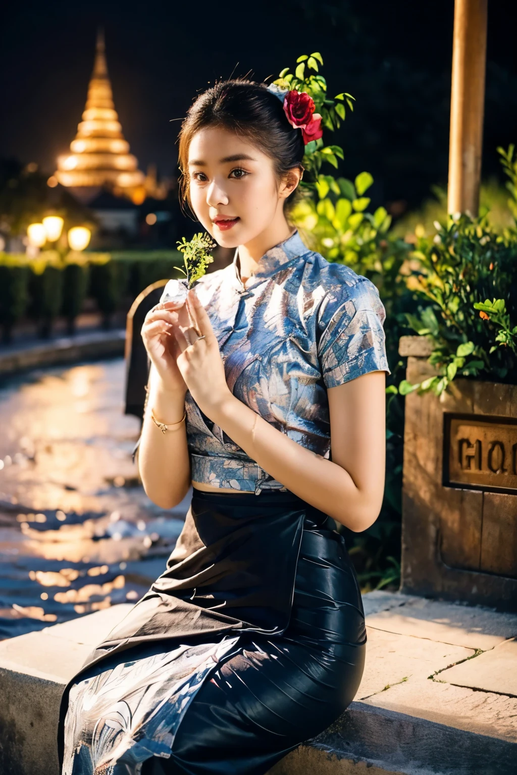 24 year old Asian woman with long hair is beautiful posture on street at night, wears a long black skirt and short white shirt, Indonesia batik with intricate design, Beautiful Body, acmm ss outfit, acmm long skirt, wearing acmm top, very attractive and beautiful, with lovely look, MMTD BURMESE PATTERNED TRADITIONAL DRESSPEARL NECKLACES AND GOLD BRACELETSBLACK SINGLE BUN HAIR WITH FLOWER, (high detailed skin:0.8), 8k uhd, dslr, soft lighting, HDR, warm light, high quality, film grain, Fujifilm XT3, 