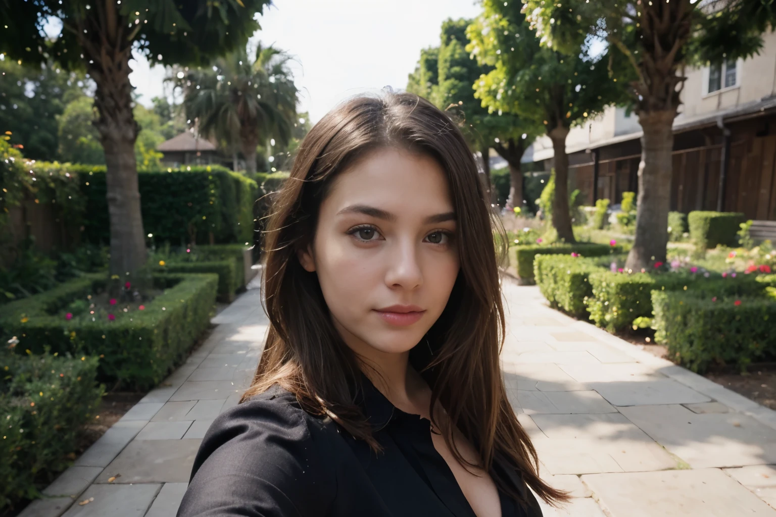 A 23-year-old blonde woman, ((pechos grandes)), ((hiperrealismo)) ,. blonde hair with light brown roots. cabello rubio, Hair with brown roots, cabello extra largo, cabello muy largo, really long hair, Beautiful, Front view, selfie, photo taken with iPhone, elegant black shirt with escote, escotada, selfie in the garden, high quality, selfie iPhone, cleavage