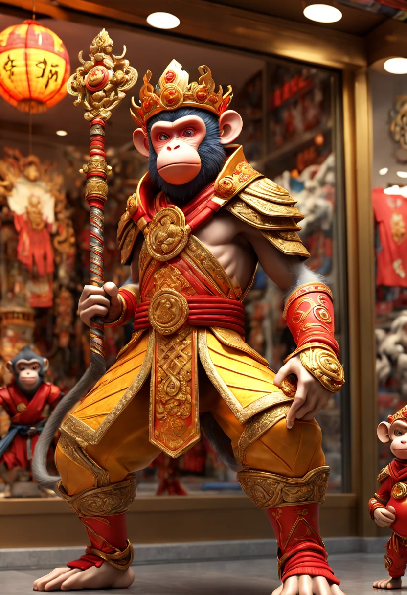 A cute ceramic monkey made of blue and white porcelain, full of Chinese mythology, with cinematic lighting, clean background and advanced color scheme, creates an all-over 3D model full of ancient Chinese cultural elements, charming terracotta material, delicate luster, C4D, 8K