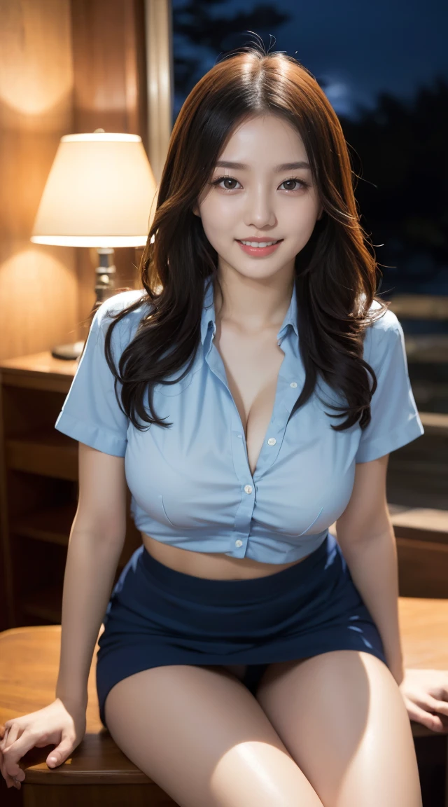 オフィスレディ、OL、sexy,formal,(((乳首ポチ、乳首のふくらみ)))、(((full body,including legs)))、Dressed up、(Photo real:1.4)、(A hyper-realistic:1.4)、(Photorealistic:1.3)、 (gentle lighting: 1.05)、(Improve the lighting quality of your video:0.9)、32 k、 1Girl、20 years old girl、photorealistic lighting、Back lighting、Facial Lights、Ray Trace、(bright:1.2)、(Increase quality:1.4)、 (best quality real texture skin)、Fair eyes,Delicate and delicate face、 (tired and sleepy and satisfied : 0.0), Close-up of the face, blue shirt,very tight shirt ,transparent small nipples,perfect nipples,mini skirt , (Bodyline mood improvement:1.1)、Glossy skin、wavy hair,pornostar、韓国アイドル、乃木坂アイドル、Sculptural Idol Pose、little smile,blush,Beautiful actress、Neat woman,whole body, and spread the legs apart, small breasts,(perfect row of teeth),slender waist and hip,beautiful long legs,on the night pool ,(full shot)、((8heads tall)、(((誘惑している、恥ずかしい)))、random dynamic pose,(eye shadow),(((red cheek))),(red lips),Super Clean Night View、night time、blush,little smile,(((full shot)))、a little open the legs apart、sitting down on the desk,(((in the luxury night office)))