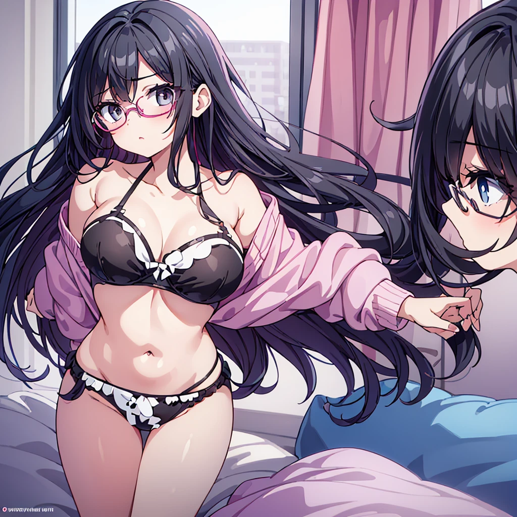 Illustration of a beautiful low- girl with glasses and long, straight black hair who still has an innocent look in the middle of changing clothes, wearing a pale pink underwear bra with a pounding heart.