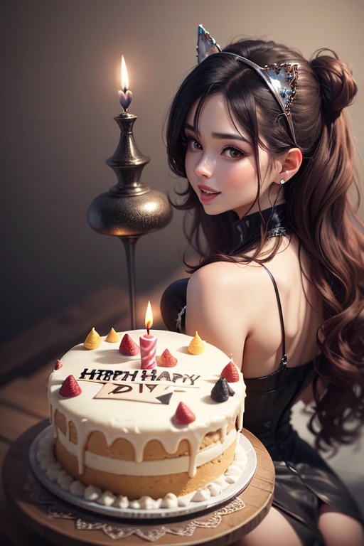 araffed woman sitting on top of a birthday cake with candles, happy birthday, very very happy!, happy!!!, by Helen Dahm, by Elaine Hamilton, amusing, very happy, happy, illustration!, honey birdette, by Hugo Heyrman, birthday cake, photo from behind, by Jeanna bauck, photo”, by Elena Guro