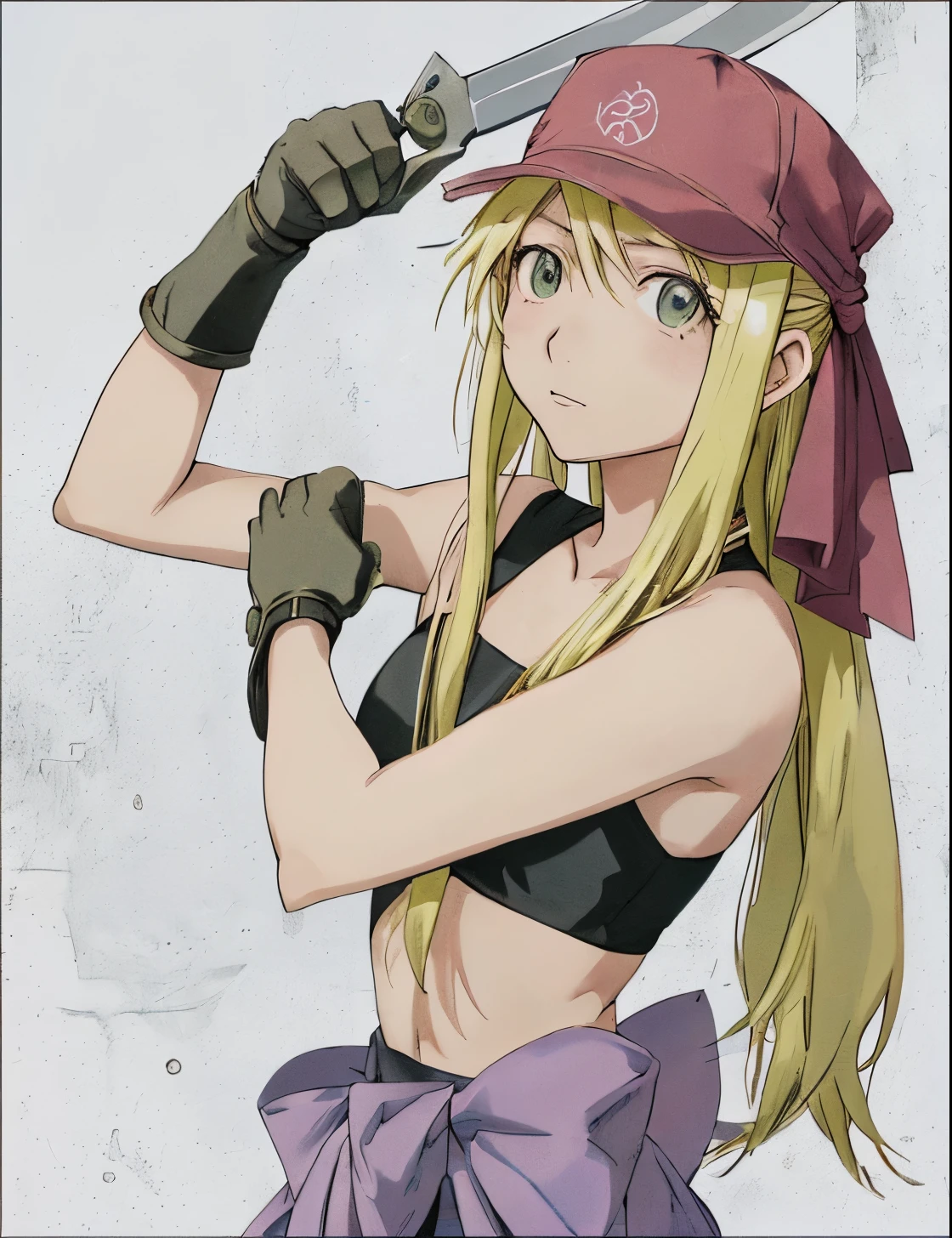 anime girl with a wrench in her hand and a hat on, fujita goro!, anime character, in full metal alchemist, female anime character, marisa kirisame, natalie from epic battle fantasy, gainax anime style, as an anime character, misa amane *, rena nounen style 3/4, anime girl named lucy, in anime style, inspired by INO，Winry Rockbell，钢之炼金术师里的女主角温莉·洛克贝尔，长发少女，金发少女，铁匠工人，扎头巾，身材，焊接工作服，金色长发少女，Winry Rockbell