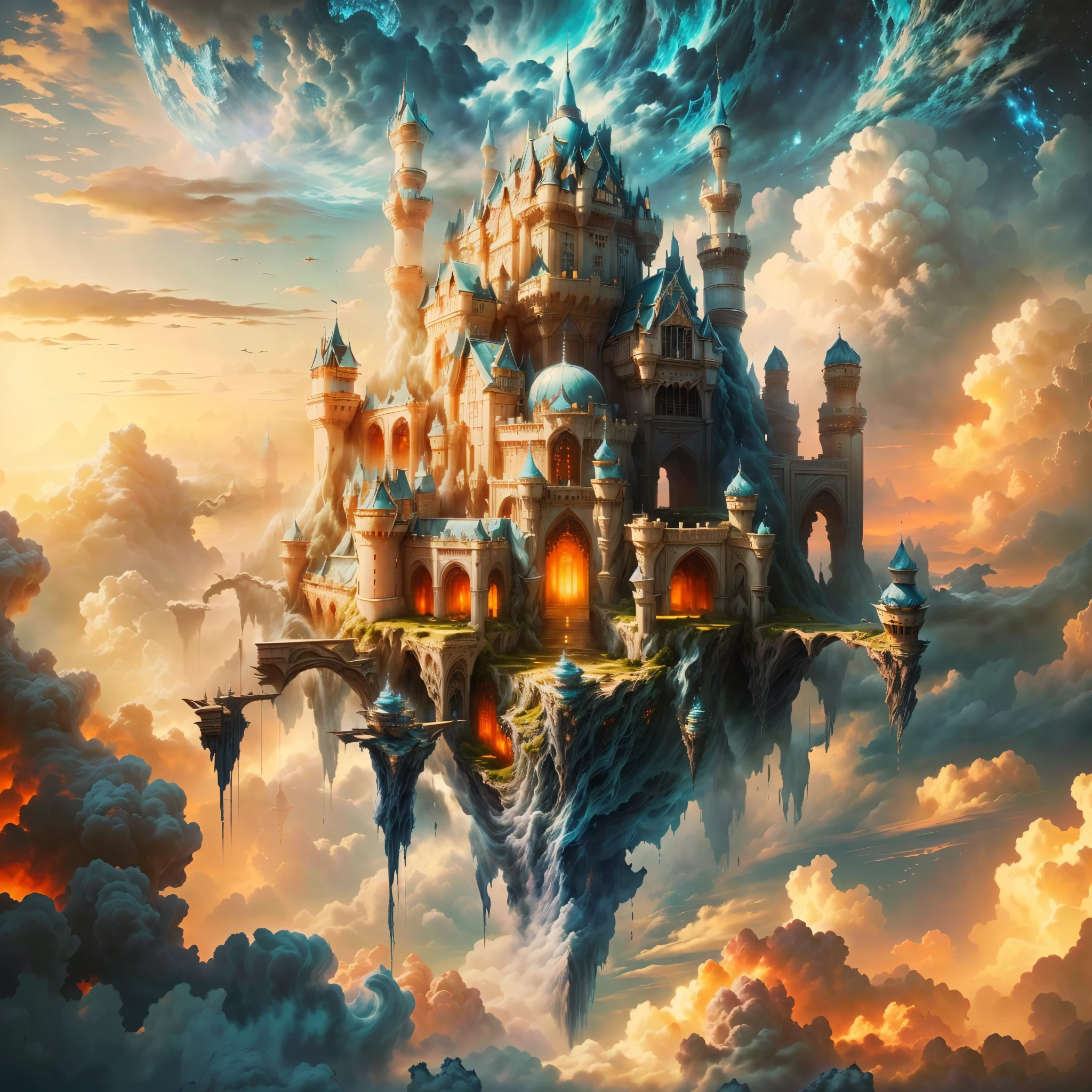 painting of a castle in the clouds with a sky background, flying cloud castle, palace floating in the sky, cloud palace, high fantasy castle, fantasy castle, beautiful detailed fantasy, castle made of clouds, epic castle with tall spires, floating city on clouds, palace floating in heaven, castle in the sky style, an immense floating castle, fantasy highly detailed
