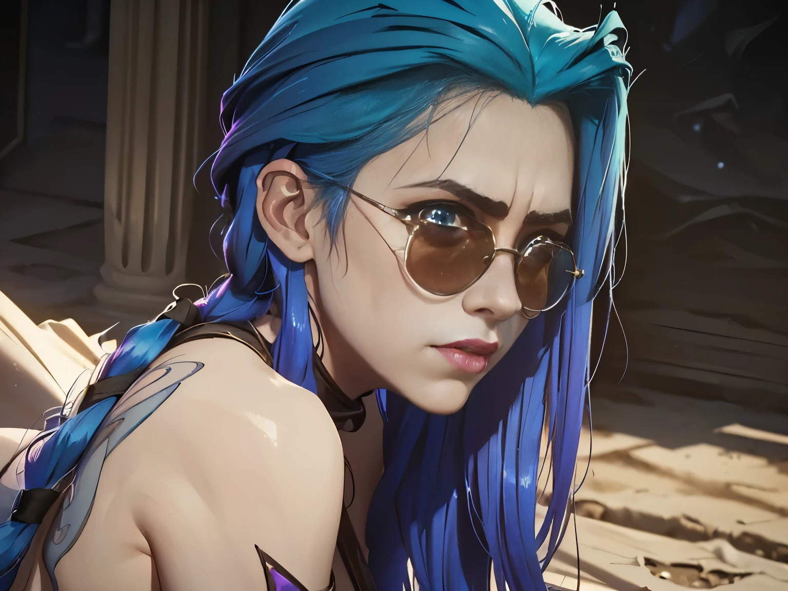 (best quality,4k,8k,highres,masterpiece:1.2),ultra-detailed,(realistic,photorealistic,photo-realistic:1.37),arcane,jinx,league of legends,praia,lying on a towel,alone,sunglasses,beautiful face,detailed skin,realistic hair,perfect texture,full body side view,portraits,vivid colors,soft sunlight