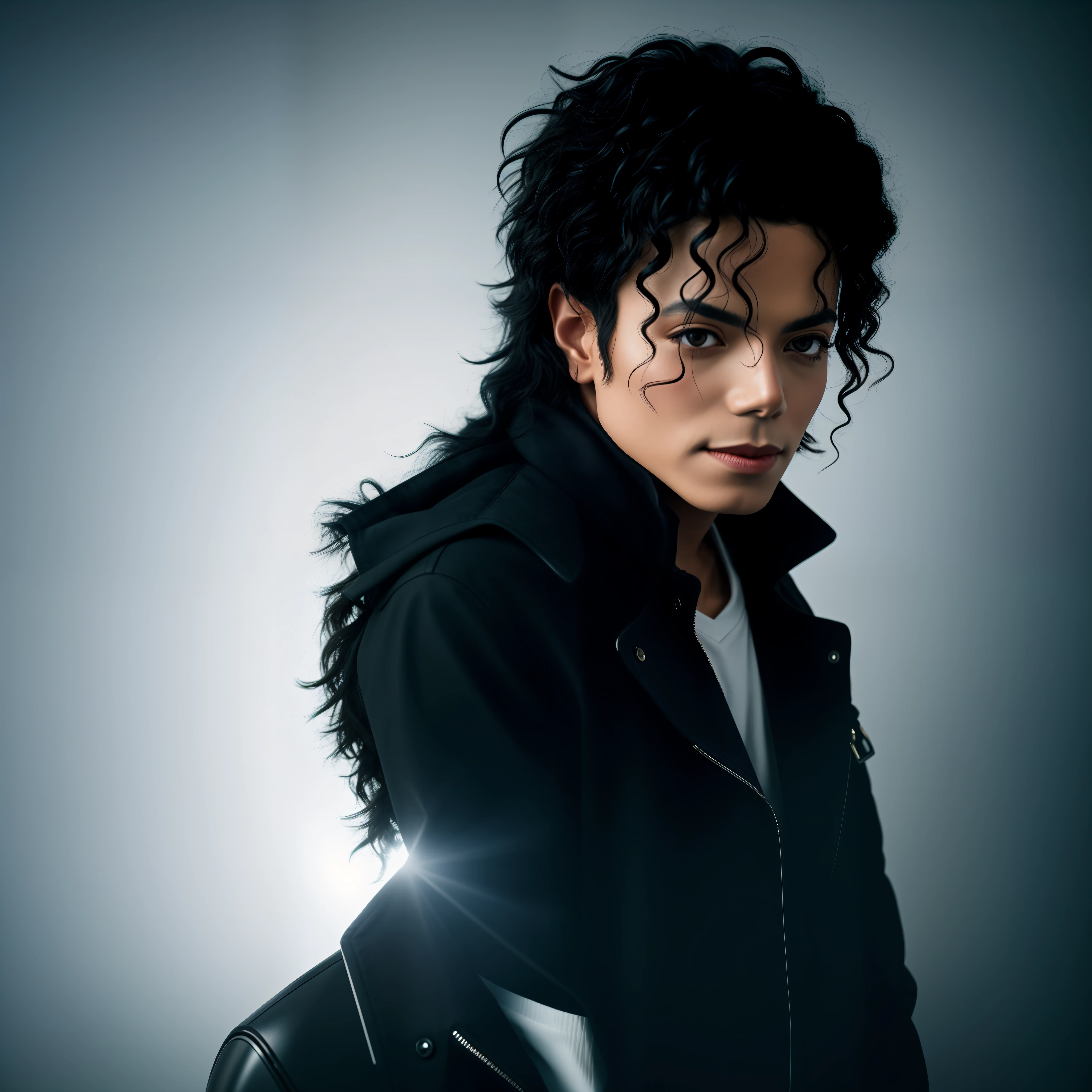 michael jackson, con luces de escenario, estilo crudo, ojos cautivadores, Expresiones cautivadoras. El fondo debe ser neutro y simple, paying close attention to details such as highlights and shadows on the face and hair to create a realistic and realistic image.. Experiment with different lighting techniques to improve the mood and mood of your portraits. piel muy detallada, detalle de la piel, Sharp focus, volumetric fog, 8k UHD, digital slr camera, alta calidad, film grain, Fujifilm XT3