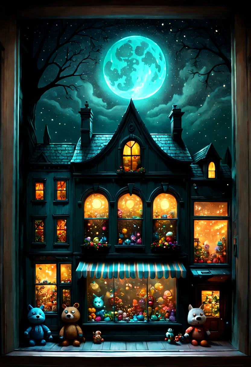 Toy Store, Window Display, night, by Andy Kehoe, octane render, enhance, intricate, (best quality, masterpiece, Representative work, official art, Professional, 8k wallpaper)