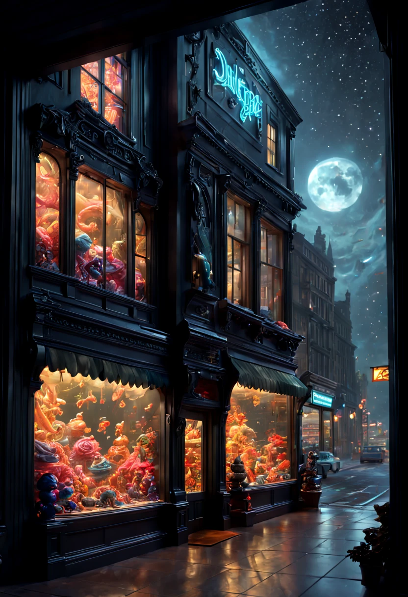 Toy Store, Window Display, night, by Wayne Barlowe, octane render, enhance, intricate, (best quality, masterpiece, Representative work, official art, Professional, 8k wallpaper)