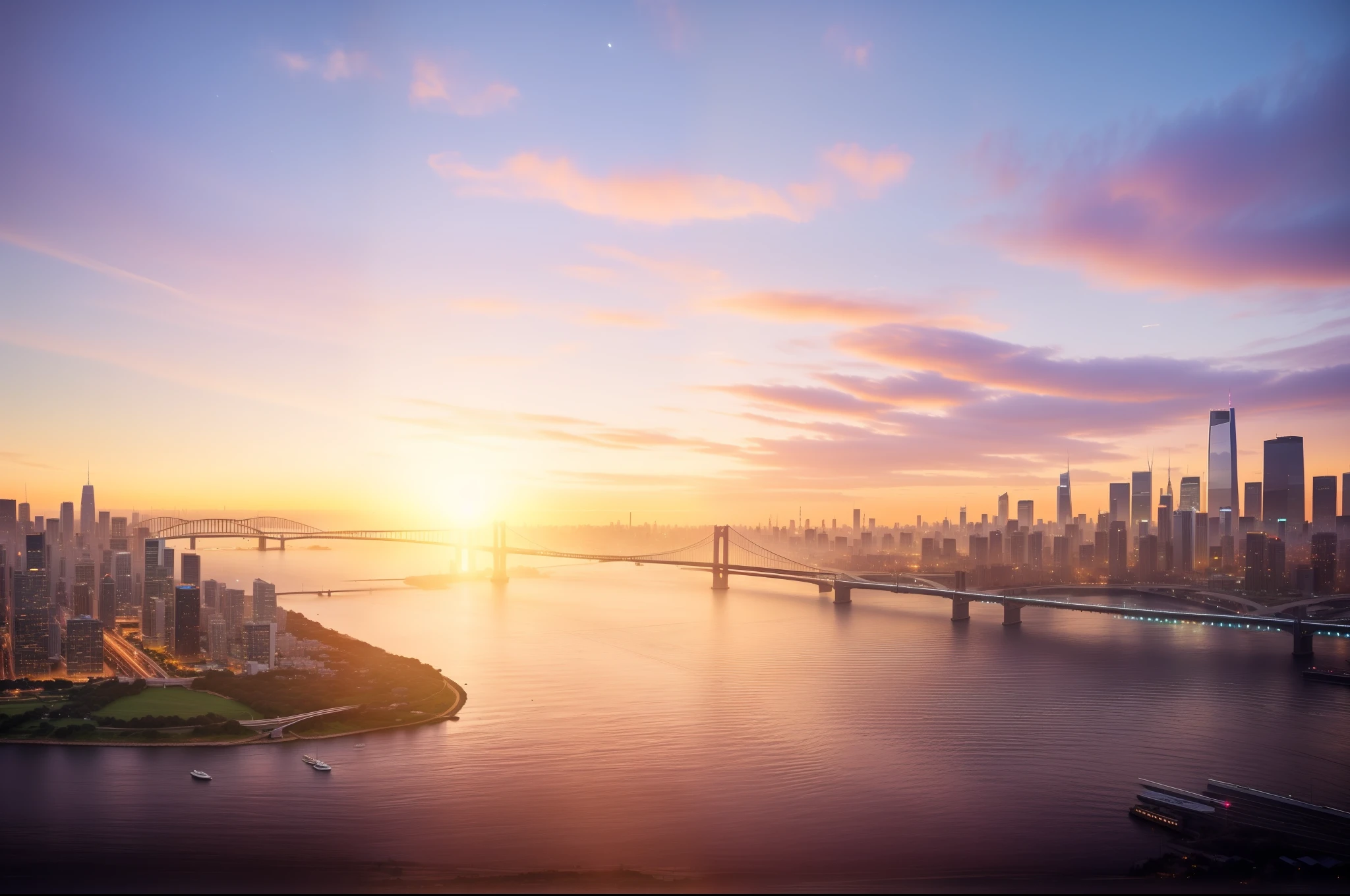 Overlooking the city skyline、bridge and river, beautiful cityscape, Sun rise, city sunset, morning sunrise, early morning sunrise, City view at sunset, The ethereal starlight city at sunset, Ultra-wide view of the city landscape, at sunrise, beautiful sunrise, beautiful cityscape background, beautiful morning, Dramatic warm morning light
