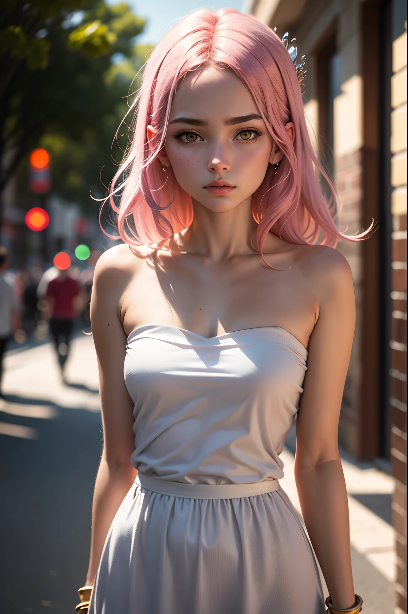 (8k, original photo, best quality, masterpiece), ultra high resolution, (actual, photo-actual), 1 girl,  emotionless, alone, pink hair, yellow eyes, professional lighting, detailed lighting, backlight, depth of field, natural lighting, hard focus, Two meters shooting distance, Professional photography, delicate eyes, actual eyes, Detailed shadows, Game CG, ,  pink clothes with arm ring, Strapless, Upper body, pink clothes, outdoor, crown,