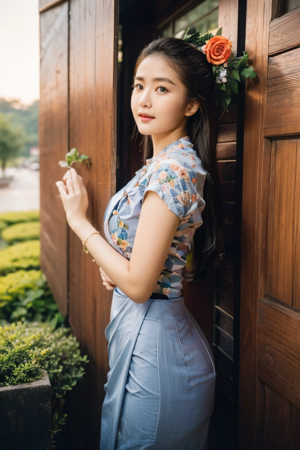 24 year old Asian woman with long hair is beautiful posture on street at night, wears a long black skirt and short white shirt, Indonesia batik with intricate design, Beautiful Body, acmm ss outfit, acmm long skirt, wearing acmm top, very attractive and beautiful, with lovely look, MMTD BURMESE PATTERNED TRADITIONAL DRESSPEARL NECKLACES AND GOLD BRACELETSBLACK SINGLE BUN HAIR WITH FLOWER, (high detailed skin:0.8), 8k uhd, dslr, soft lighting, HDR, warm light, high quality, film grain, Fujifilm XT3, 