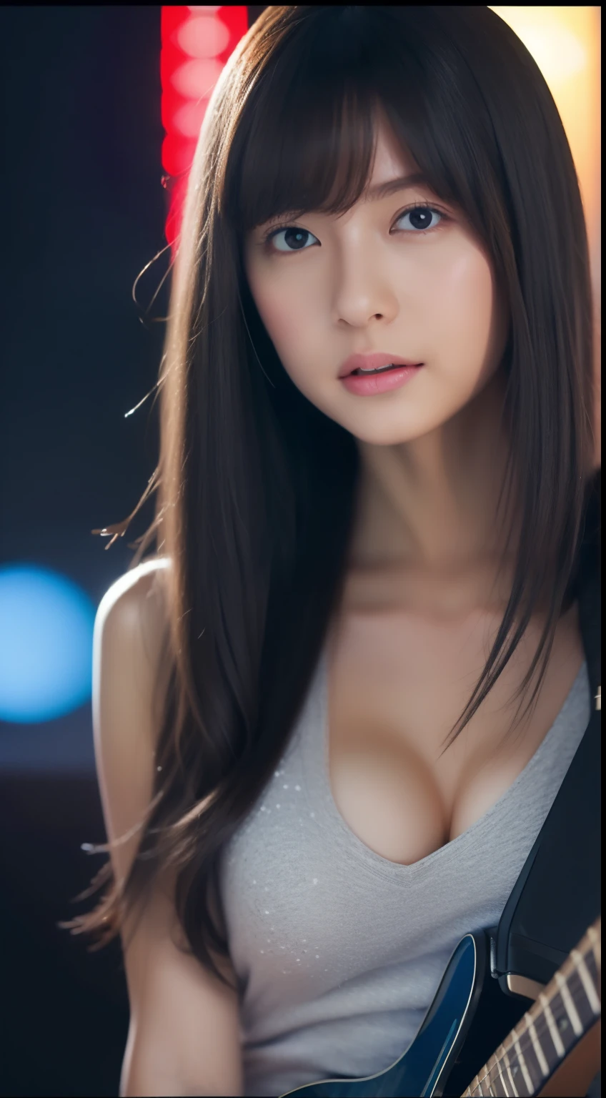 1 Realistic pictures of cute Japan stars, floating hair, white skin, light makeup, 32 inch chest size, Wearing a gray V-neck tank top, I'm playing guitar, At the Night Bar, close-up portrait, dithering, nffsw