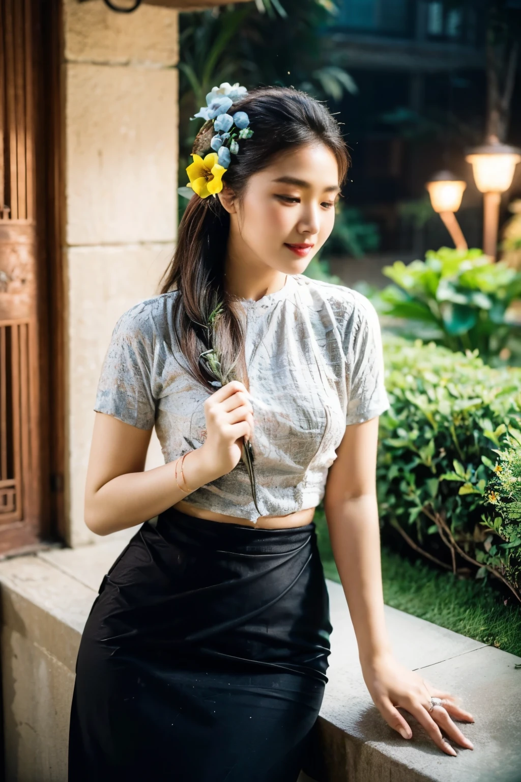 24 year old Asian woman with long hair is beautiful posture on street at night, wears a long black skirt and short white shirt, Indonesia batik with intricate design, Beautiful Body, acmm ss outfit, acmm long skirt, wearing acmm top, very attractive and beautiful, with lovely look, MMTD BURMESE PATTERNED TRADITIONAL DRESSPEARL NECKLACES AND GOLD BRACELETSBLACK SINGLE BUN HAIR WITH FLOWER, (high detailed skin:0.8), 8k uhd, dslr, soft lighting, HDR, warm light, high quality, film grain, Fujifilm XT3, 