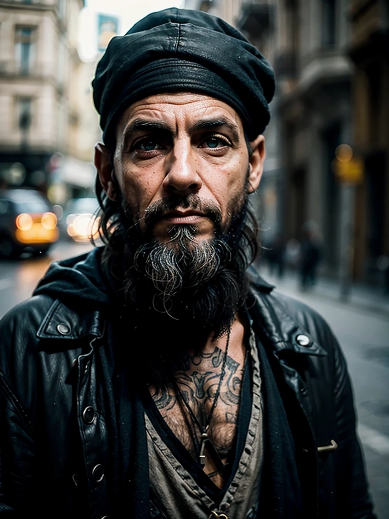 middle Ageantasy,Europe and America,beggar,tramp,Horrible,scruffy,convict,Eyes are confused,maniac,A grumpy male,Mental abnormality,Thin,ugly,thief,beard,sinister,Terrible,crime,front Photo,Show the waist,70 years old,Succinct,night,photorealistic, movie lighting, depth of field, Bokeh, edge lighting, backlight, cool color,