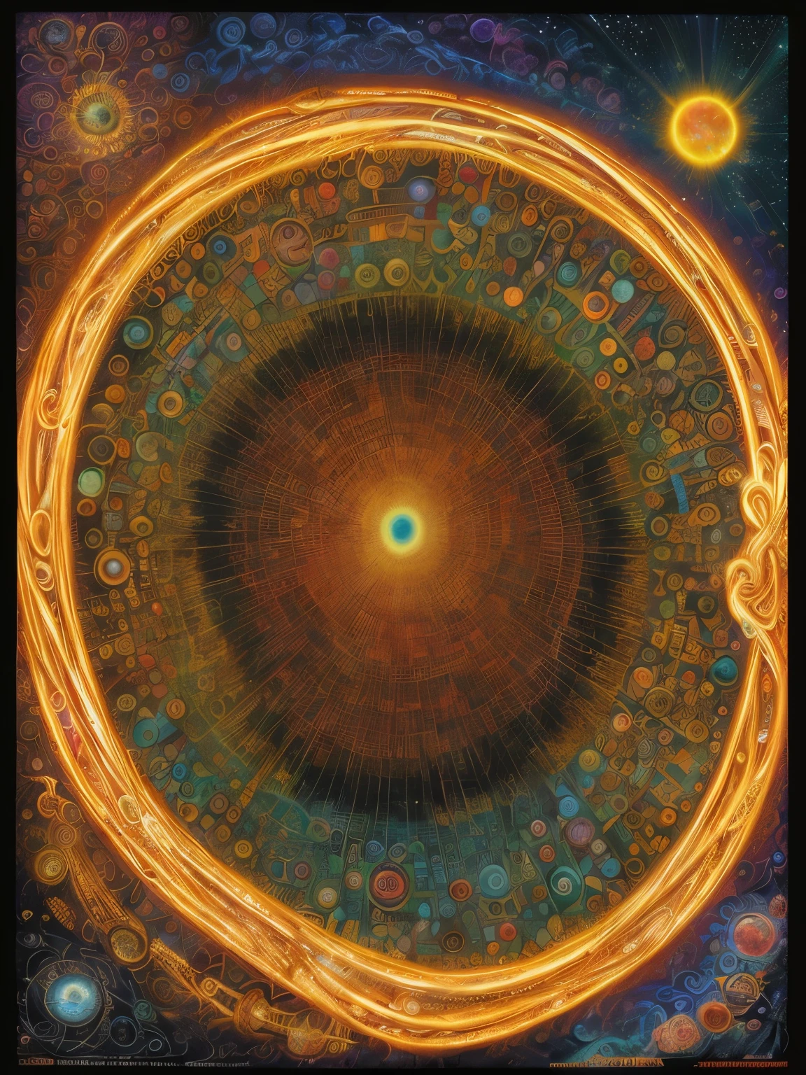 ウェイン・バーロウによるart, art:Josephine Wall, be familiar with, clear image, give, 8K, rim light, close, body horror, poster, HDR, Complex, intertwined golden rings, The surface of each ring is covered with many eyes, move by floating in the sky