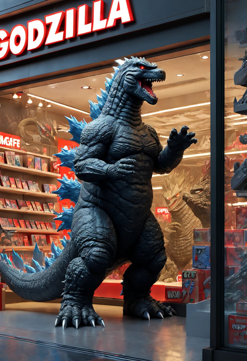 Godzilla, Toy Store, Window Display, octane render, enhance, intricate, (best quality, masterpiece, Representative work, official art, Professional, 8k wallpaper:1.3)