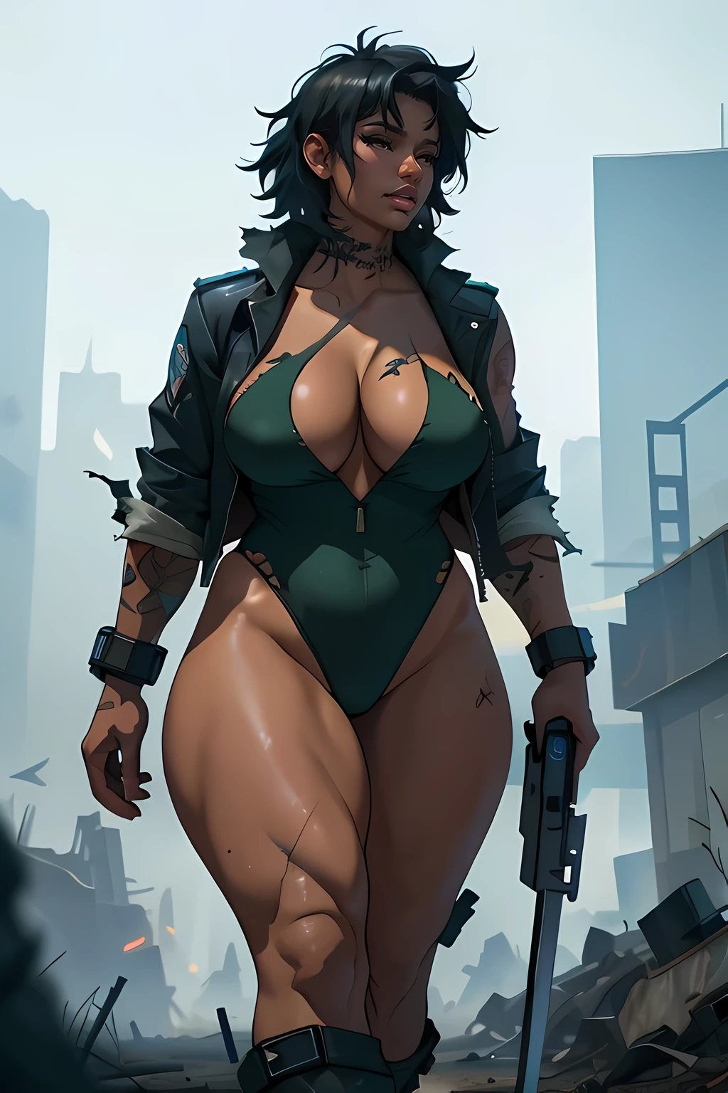 (((tattoos))), ((dark skin)) ((chubby physique)), woman walking with determination, torn post-apocalyptic military ripped uniform, combat jacket with ripped holes, combat-leotard with ripped holes, (wearing weapons and explosives) extravagant , ((giant boobs))uristic sci-fi post-apocalyptic world, madmax movie, brutal violent dark cyberpunk dramatic background, (((photorealistic cinematic unreal engine))),