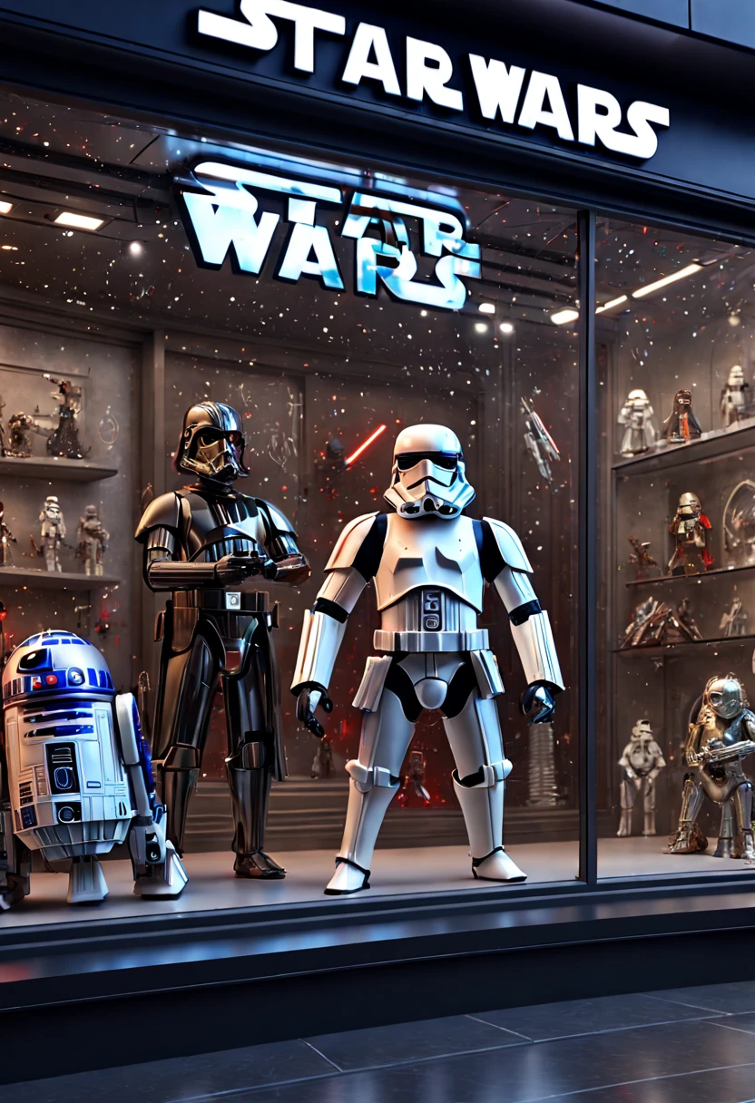 "star wars", Toy Store, Window Display, octane render, enhance, intricate, (best quality, masterpiece, Representative work, official art, Professional, 8k wallpaper:1.3)
