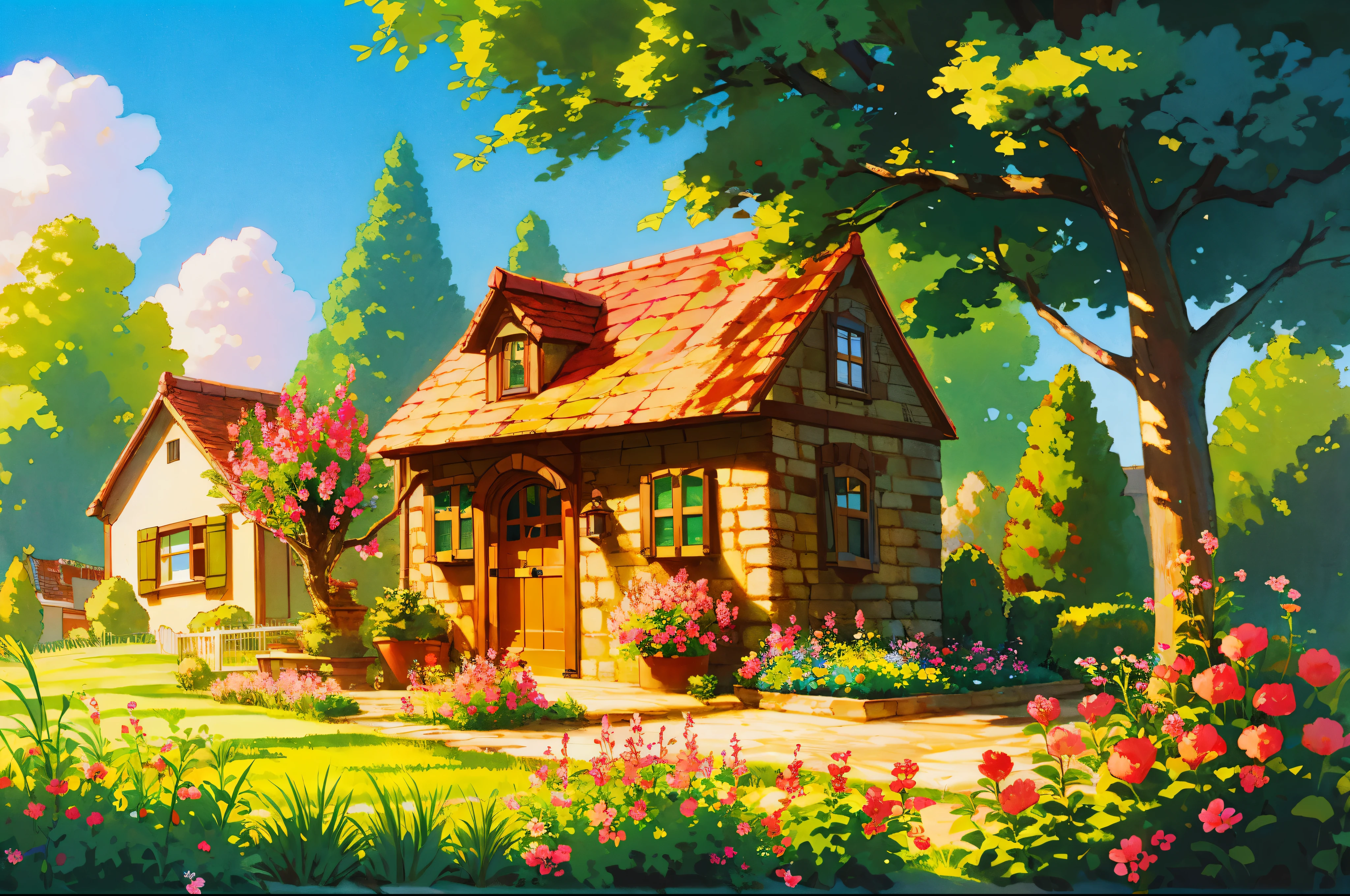 (((high quality))), detailed lighthouse,extremely detailed cliff under small apple tree,high resolution,absurd,high saturation,clear,rational construction,cartoon style,brick wall,building,bush,day,door, fence,field,flower, flower_field, garden, path, pink flower, grass, nature, house, no_humans, plant, potted plant