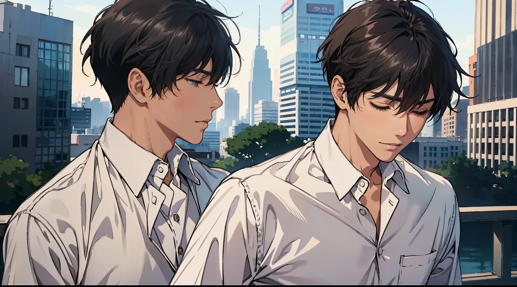 beautiful face, short dark hair, Handsome Men,white long sleeve dress shirt, animated movie, 1 boy sleeping, slightly smile, Shinkai Makoto, eyes completely closed, city, 1 man